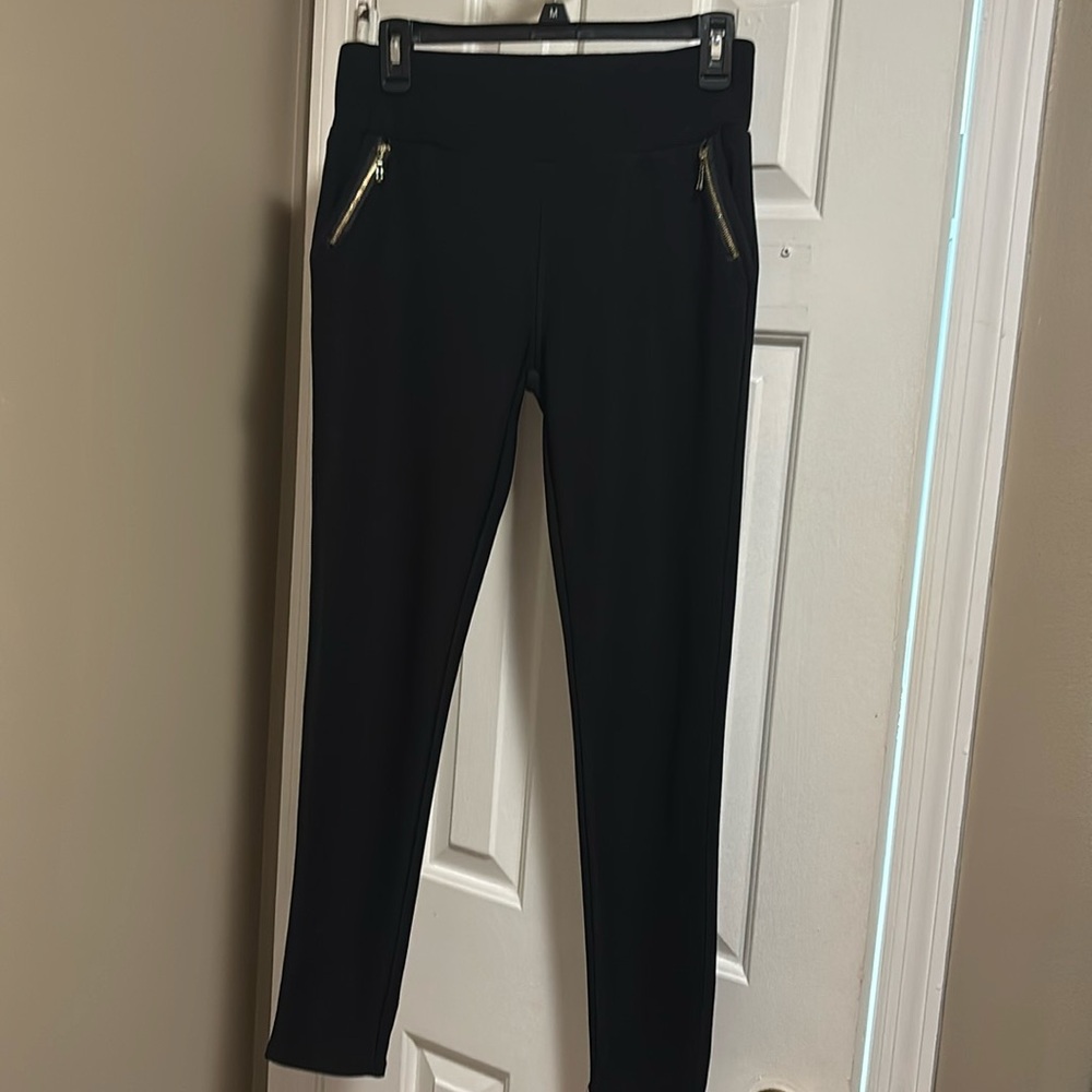 Black Pull on Pants with Gold Zippered Pocketd